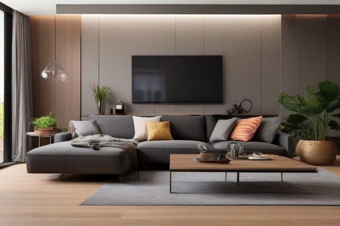 Modernes Wohnzimmer mit Sofa, Couchtisch und Pflanzen