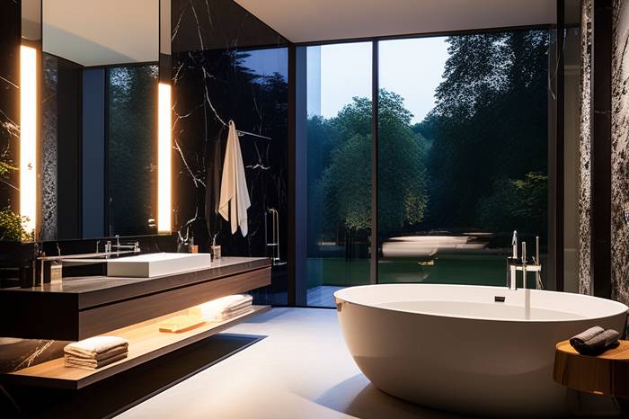 Visualisierung eines Badezimmers mit freistehender Wanne und Gartenblick