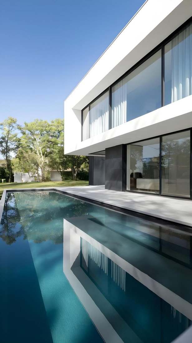 Moderne Villa mit Pool und Spiegelung der Fassade im Wasser